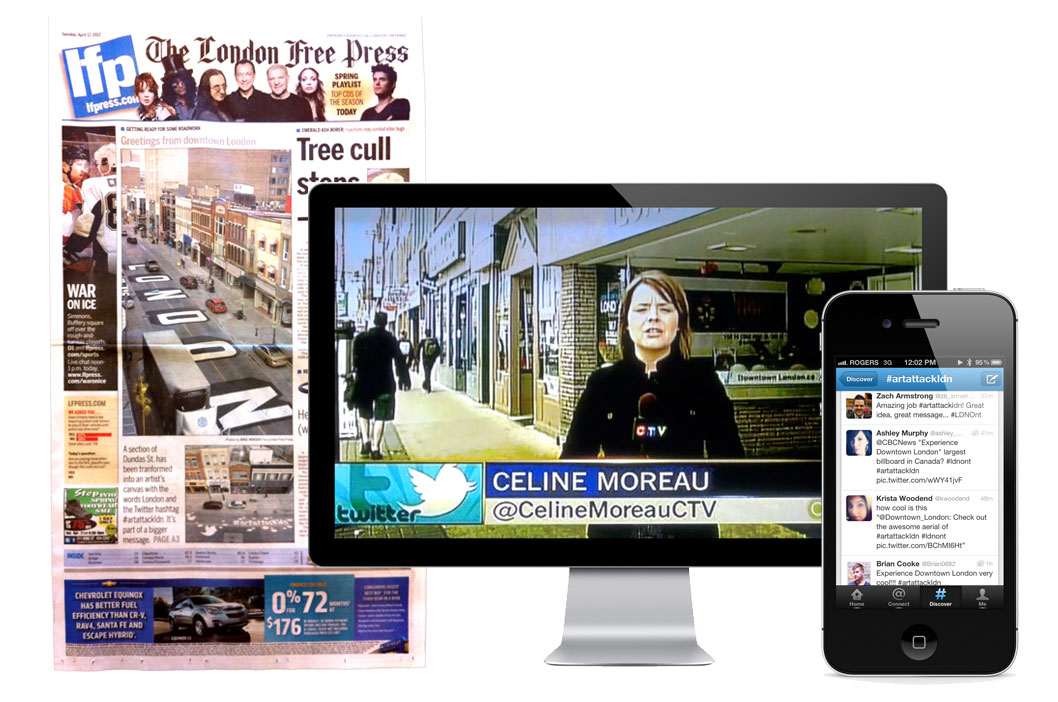 Media coverage of Art Attack in the London Free Press, on CTV News London on a Mac desktop and Twitter on an iPhone.
