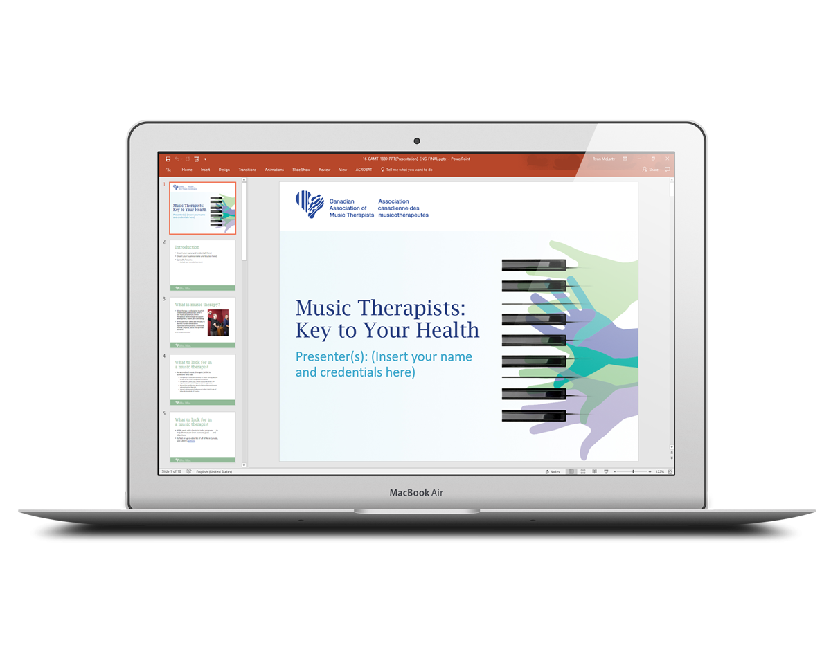 Canadian Association of Music Therapists branded PowerPoint Template on a MacBook laptop.