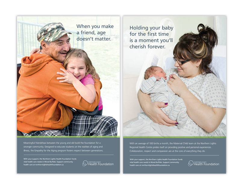 Posters highlighting the Empathy for the Aging and Maternal Health programs at Northern Lights Regional Health Centre. 