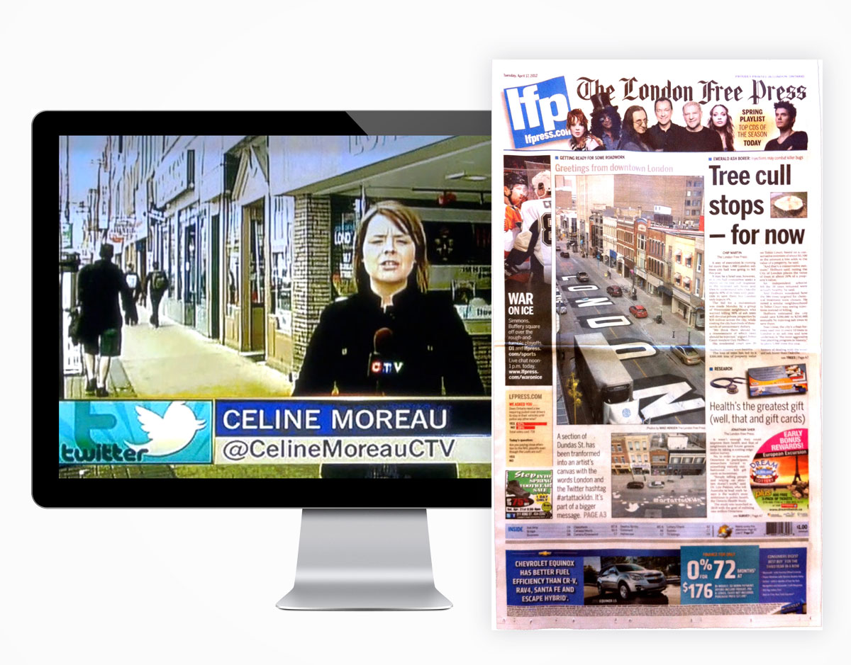 A desktop computer and local newspaper displaying media coverage of Art Attack, a type of PR service completed for Downtown London. 