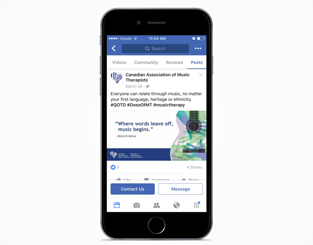 An iPhone displaying a Facebook post on the Canadian Association of Music Therapist fan page. 