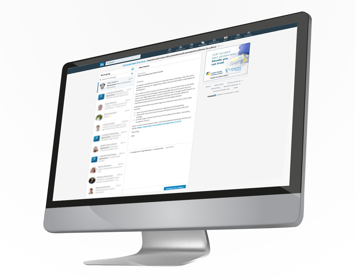 A desktop computer displaying a LinkedIn Sponsored InMail campaign and companion banner for London Health Science Centre’s Pathology and Laboratory Medicine.