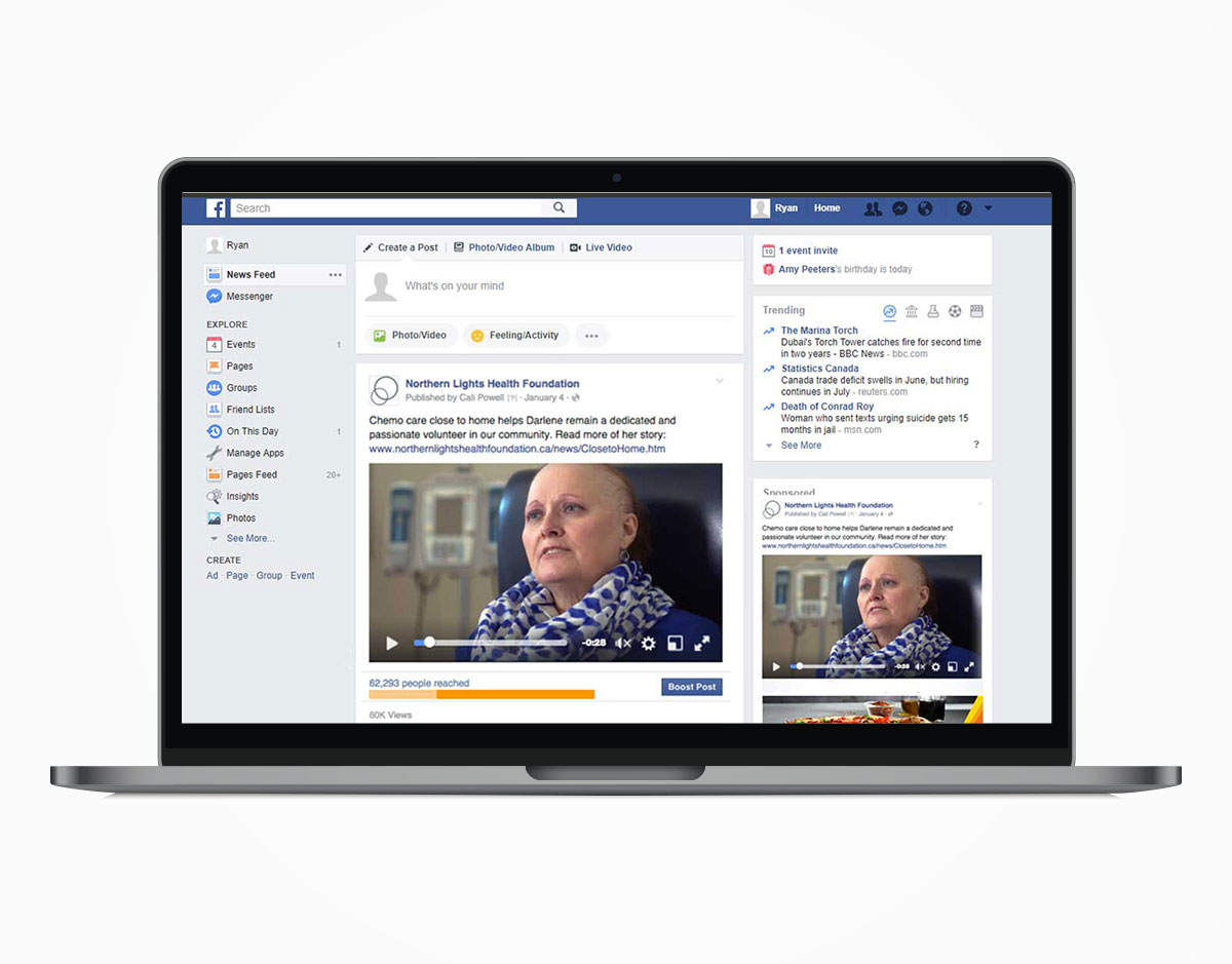 Laptop displaying a News Feed and side bar Facebook advertisement of a Northern Lights Health Foundation video, a type of online marketing service. 