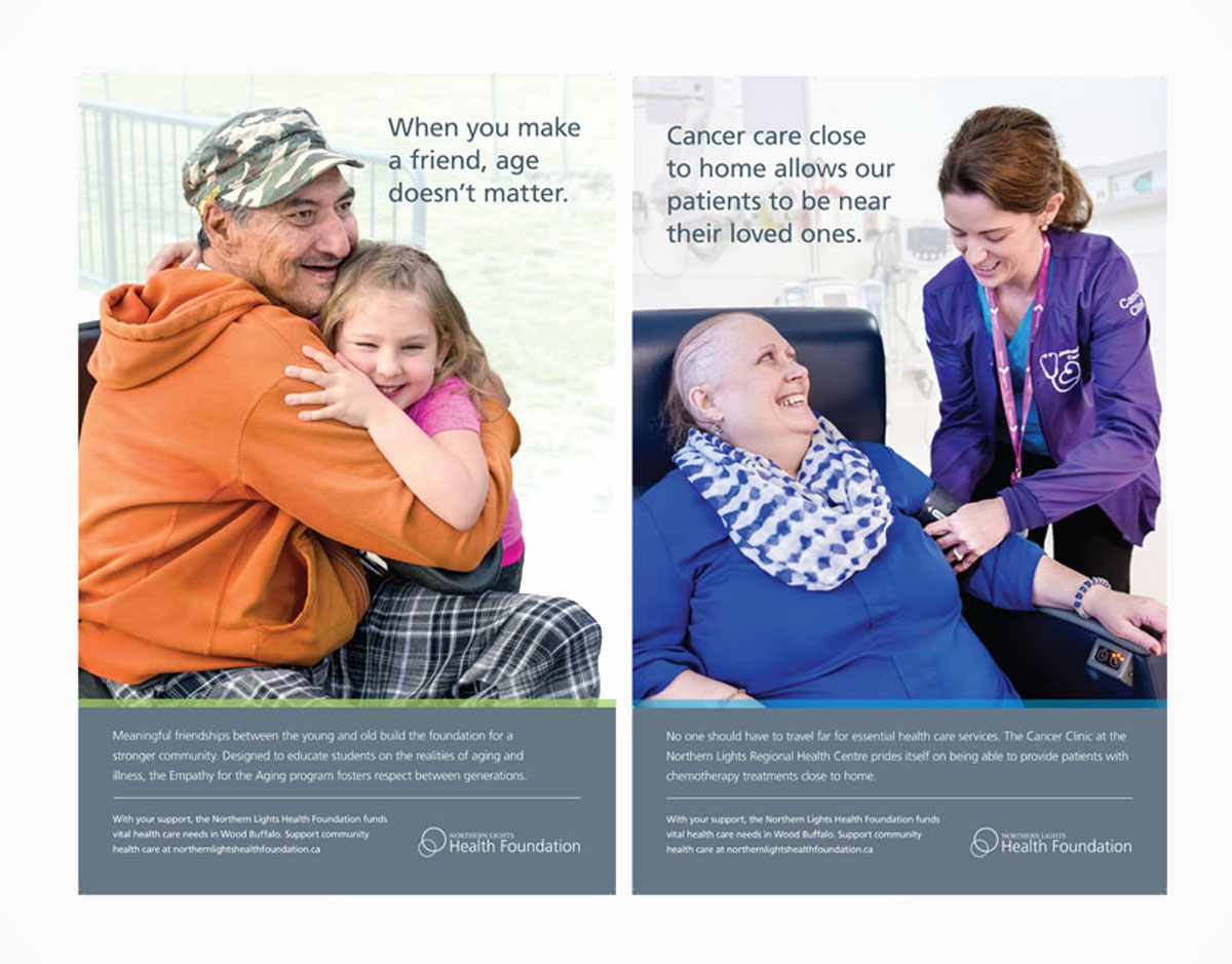 Two posters highlighting programs at Northern Lights Regional Health Centre that were used during Northern Lights Health Foundation’s Gratitude Campaign. 