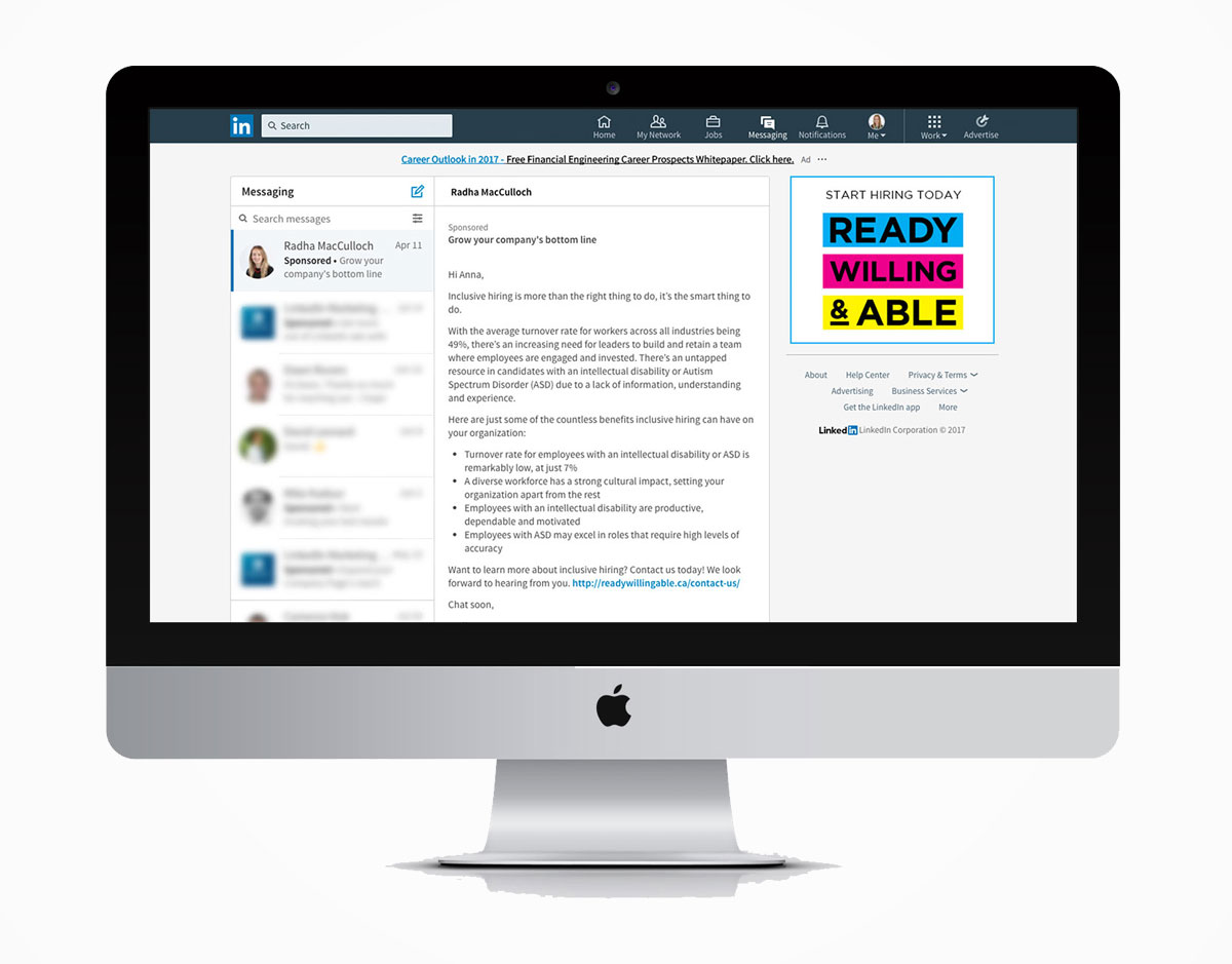 Desktop	 A desktop computer displaying a LinkedIn Sponsored InMail campaign and companion banner for Ready, Willing and Able, a type of online marketing service.