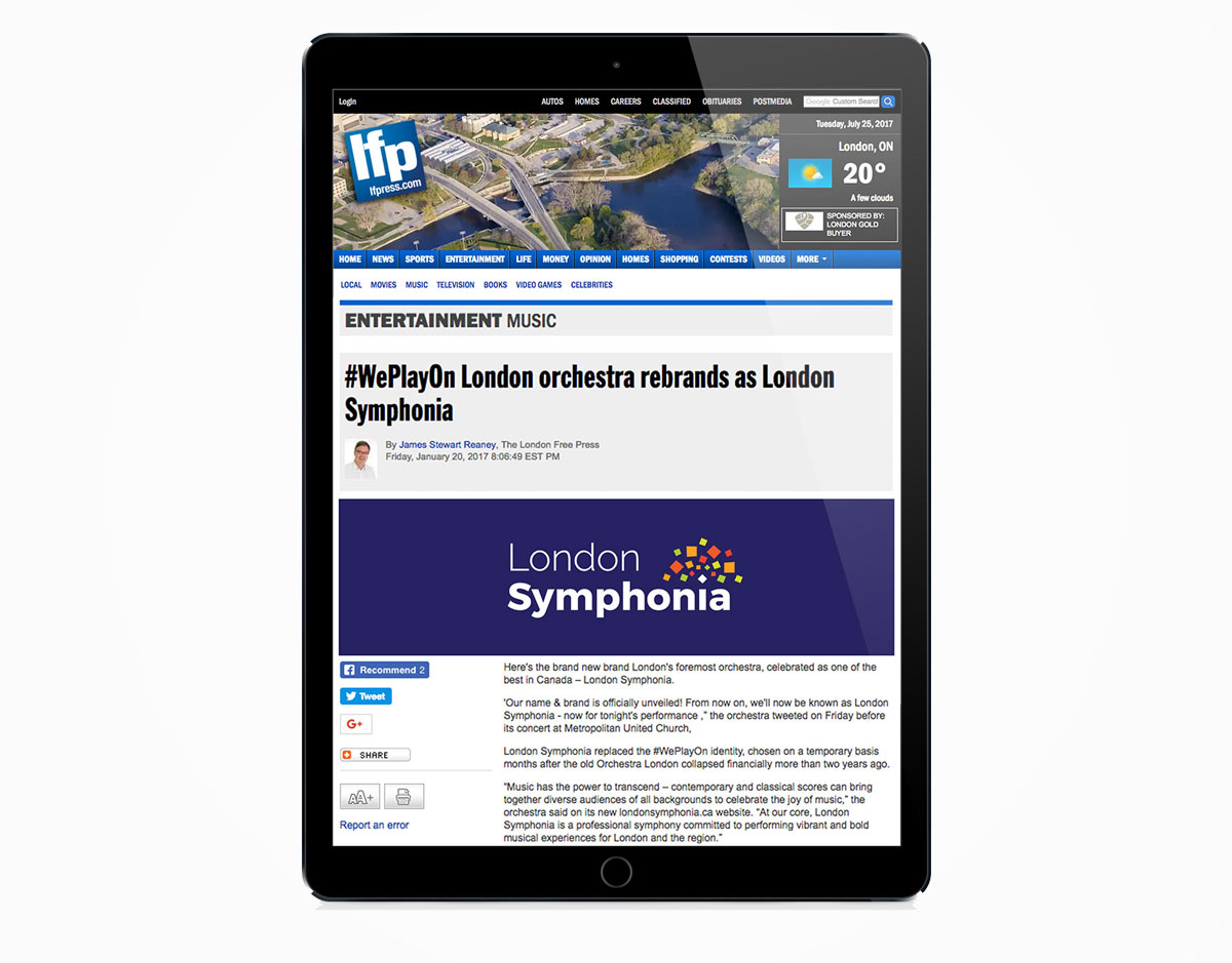 An iPad displaying an article from a local newspaper highlighting London Symphonia’s new brand. 