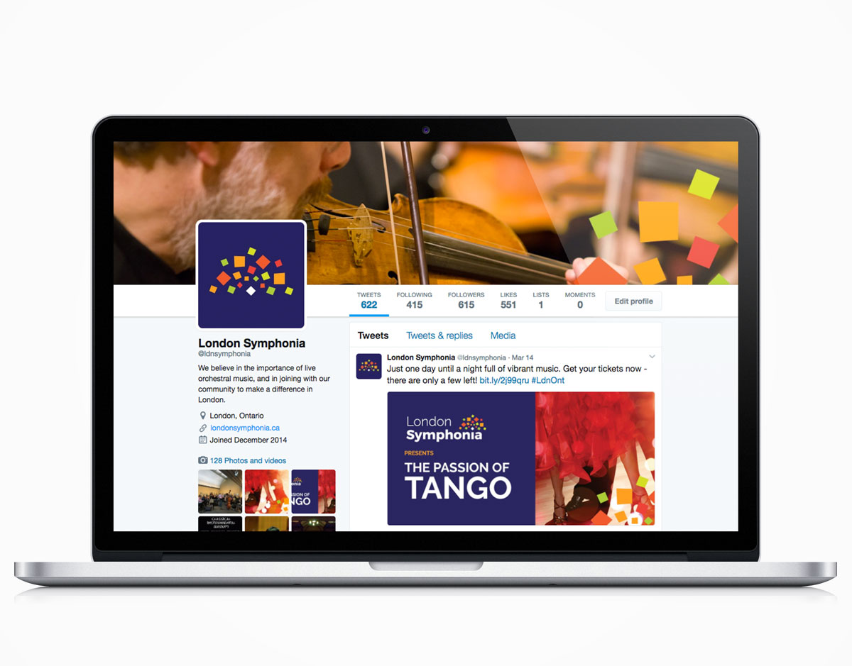A laptop displaying London Symphonia’s Twitter profile, demonstrating social media services.  