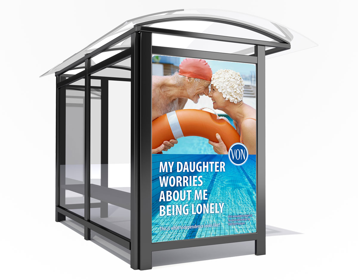 A VON bus shelter advertisement, a type of traditional advertising service